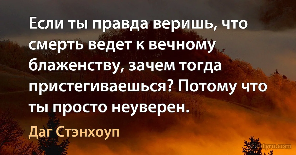 Если ты правда веришь, что смерть ведет к вечному блаженству, зачем тогда пристегиваешься? Потому что ты просто неуверен. (Даг Стэнхоуп)