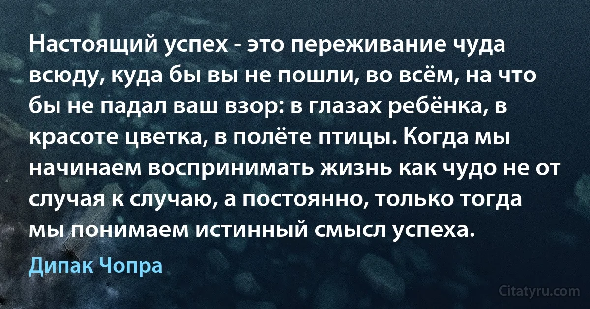 Настоящий успех - это переживание чуда всюду, куда бы вы не пошли, во всём, на что бы не падал ваш взор: в глазах ребёнка, в красоте цветка, в полёте птицы. Когда мы начинаем воспринимать жизнь как чудо не от случая к случаю, а постоянно, только тогда мы понимаем истинный смысл успеха. (Дипак Чопра)