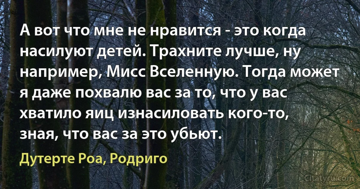 А вот что мне не нравится - это когда насилуют детей. Трахните лучше, ну например, Мисс Вселенную. Тогда может я даже похвалю вас за то, что у вас хватило яиц изнасиловать кого-то, зная, что вас за это убьют. (Дутерте Роа, Родриго)