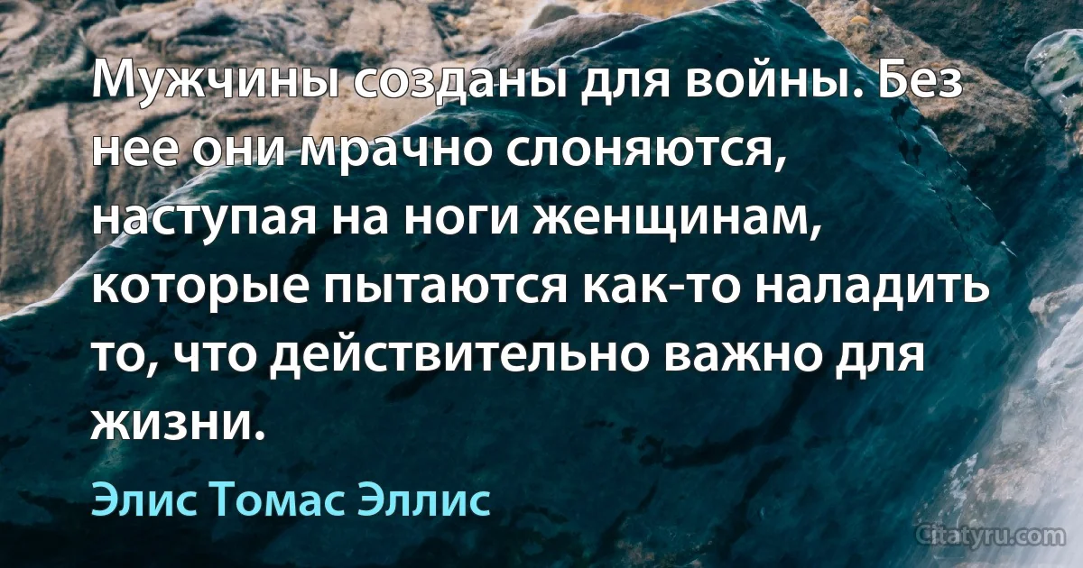 Мужчины созданы для войны. Без нее они мрачно слоняются, наступая на ноги женщинам, которые пытаются как-то наладить то, что действительно важно для жизни. (Элис Томас Эллис)