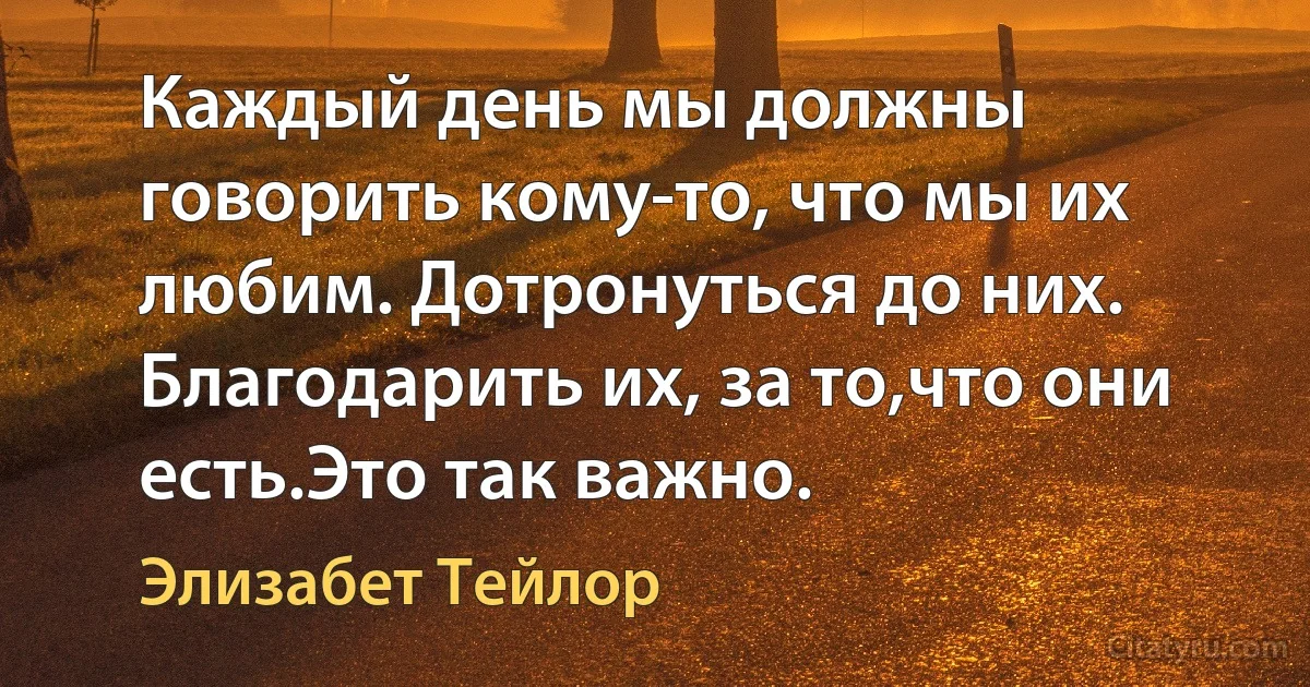 Каждый день мы должны говорить кому-то, что мы их любим. Дотронуться до них. Благодарить их, за то,что они есть.Это так важно. (Элизабет Тейлор)