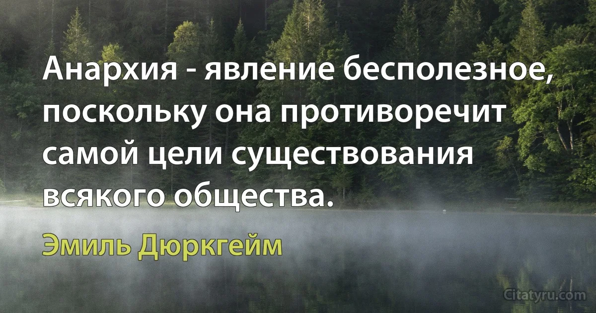 Анархия - явление бесполезное, поскольку она противоречит самой цели существования всякого общества. (Эмиль Дюркгейм)