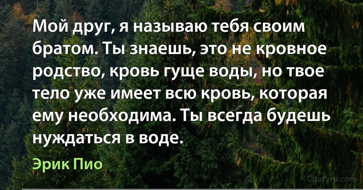 Мой друг, я называю тебя своим братом. Ты знаешь, это не кровное родство, кровь гуще воды, но твое тело уже имеет всю кровь, которая ему необходима. Ты всегда будешь нуждаться в воде. (Эрик Пио)