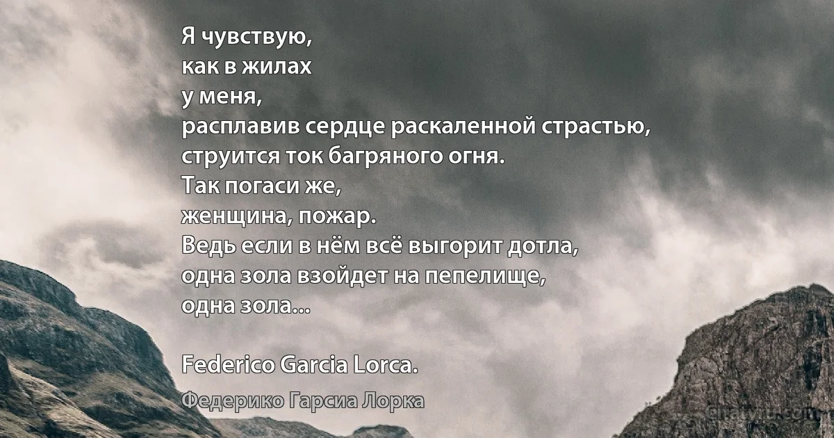 Я чувствую,
как в жилах
у меня,
расплавив сердце раскаленной страстью,
струится ток багряного огня.
Так погаси же,
женщина, пожар.
Ведь если в нём всё выгорит дотла,
одна зола взойдет на пепелище,
одна зола...

Federico Garcia Lorca. (Федерико Гарсиа Лорка)