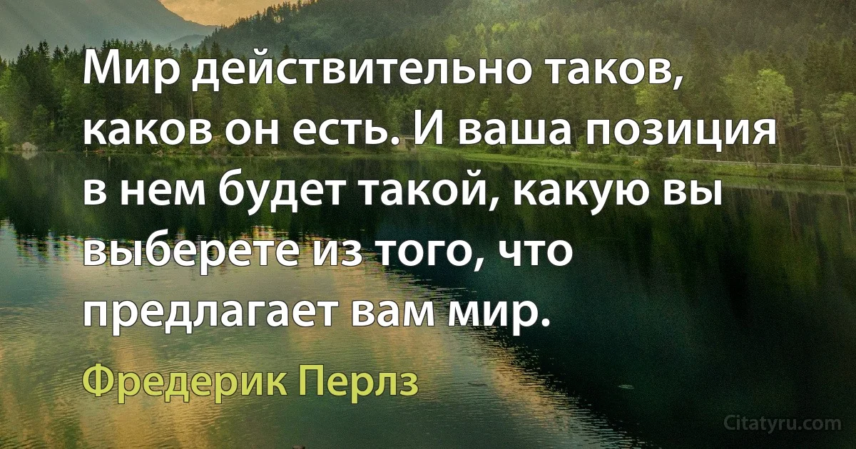 Мир действительно таков, каков он есть. И ваша позиция в нем будет такой, какую вы выберете из того, что предлагает вам мир. (Фредерик Перлз)