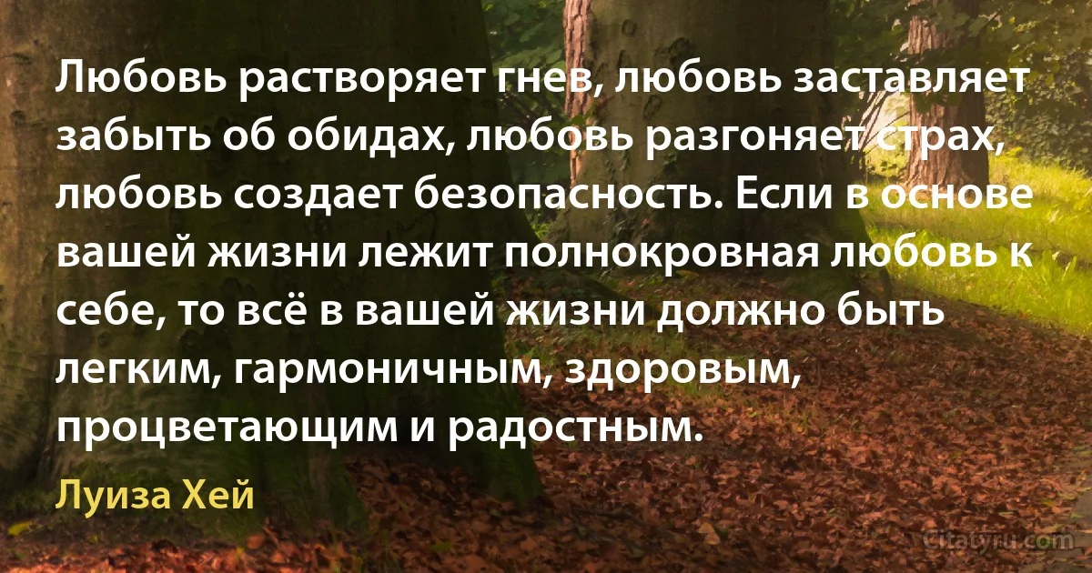 Любовь растворяет гнев, любовь заставляет забыть об обидах, любовь разгоняет страх, любовь создает безопасность. Если в основе вашей жизни лежит полнокровная любовь к себе, то всё в вашей жизни должно быть легким, гармоничным, здоровым, процветающим и радостным. (Луиза Хей)