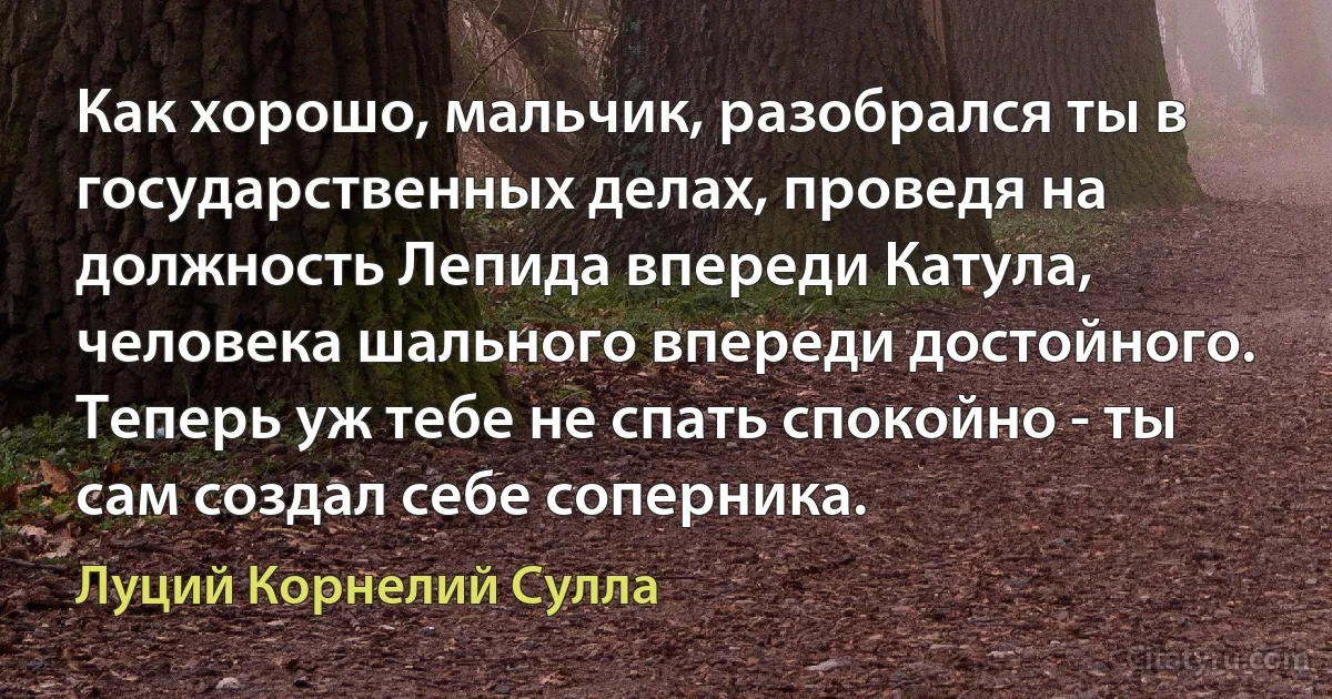 Как хорошо, мальчик, разобрался ты в государственных делах, проведя на должность Лепида впереди Катула, человека шального впереди достойного. Теперь уж тебе не спать спокойно - ты сам создал себе соперника. (Луций Корнелий Сулла)