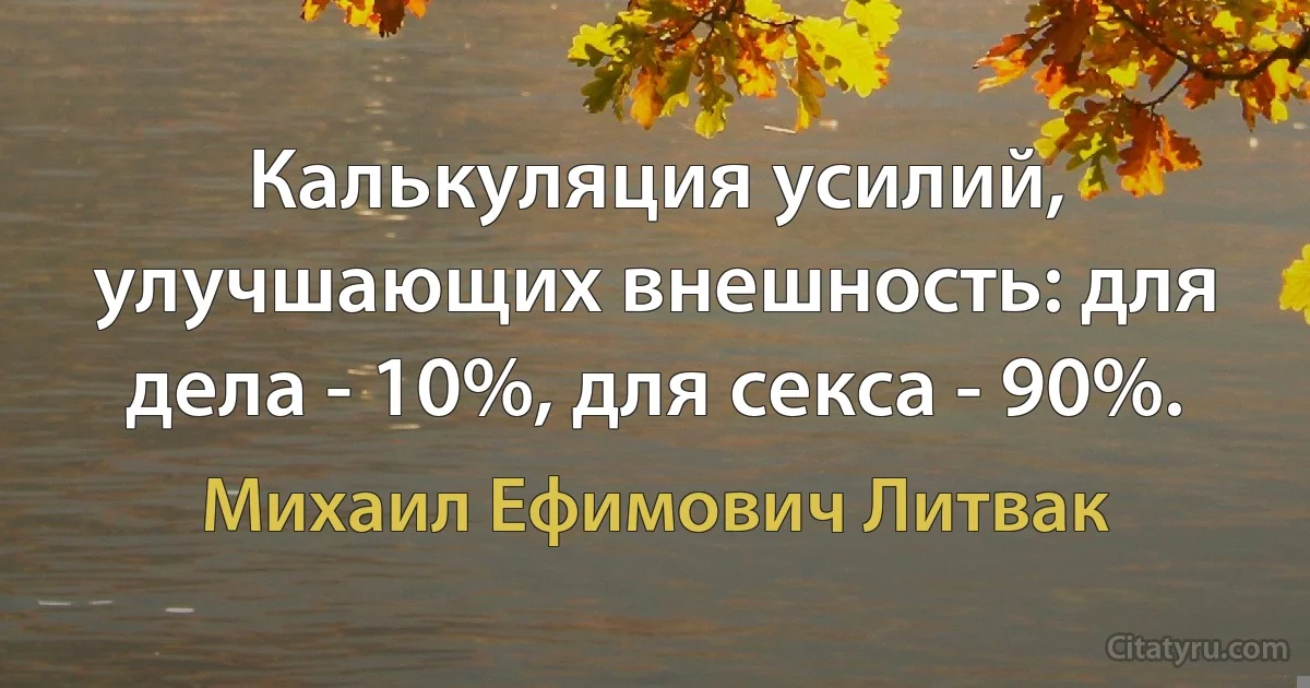 Калькуляция усилий, улучшающих внешность: для дела - 10%, для секса - 90%. (Михаил Ефимович Литвак)