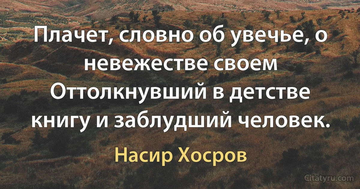 Плачет, словно об увечье, о невежестве своем
Оттолкнувший в детстве книгу и заблудший человек. (Насир Хосров)