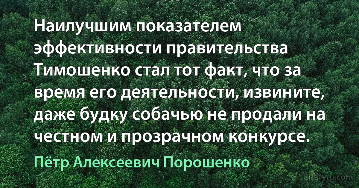 Наилучшим показателем эффективности правительства Тимошенко стал тот факт, что за время его деятельности, извините, даже будку собачью не продали на честном и прозрачном конкурсе. (Пётр Алексеевич Порошенко)