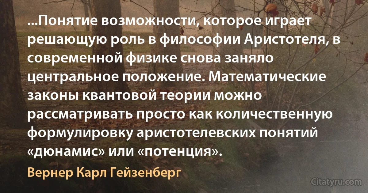 ...Понятие возможности, которое играет решающую роль в философии Аристотеля, в современной физике снова заняло центральное положение. Математические законы квантовой теории можно рассматривать просто как количественную формулировку аристотелевских понятий «дюнамис» или «потенция». (Вернер Карл Гейзенберг)