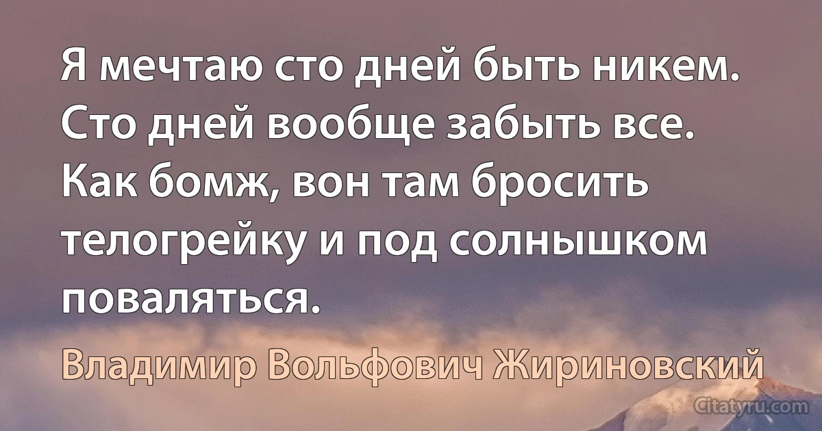 Я мечтаю сто дней быть никем. Сто дней вообще забыть все. Как бомж, вон там бросить телогрейку и под солнышком поваляться. (Владимир Вольфович Жириновский)