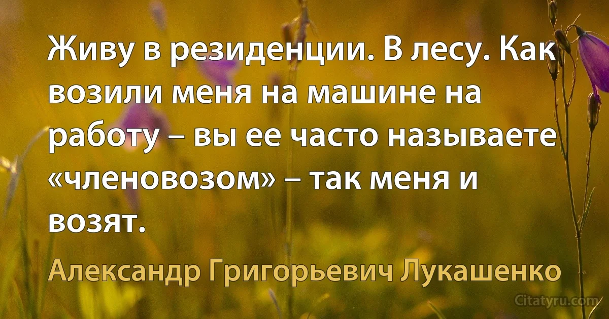 Живу в резиденции. В лесу. Как возили меня на машине на работу – вы ее часто называете «членовозом» – так меня и возят. (Александр Григорьевич Лукашенко)