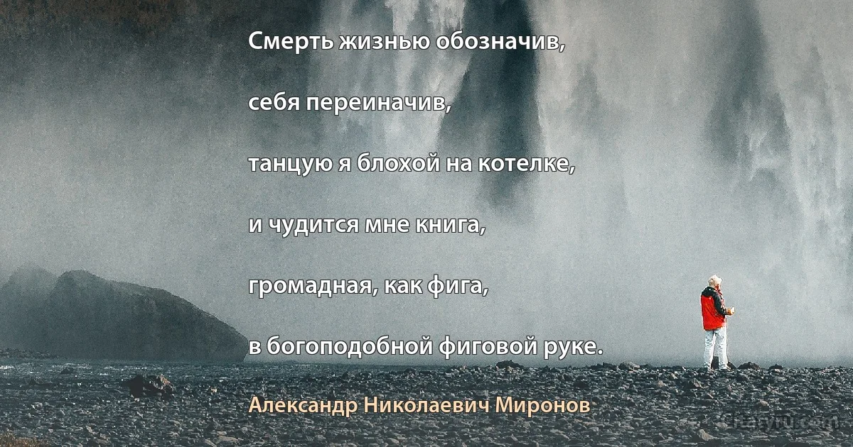 Смерть жизнью обозначив,

себя переиначив,

танцую я блохой на котелке,

и чудится мне книга,

громадная, как фига,

в богоподобной фиговой руке. (Александр Николаевич Миронов)