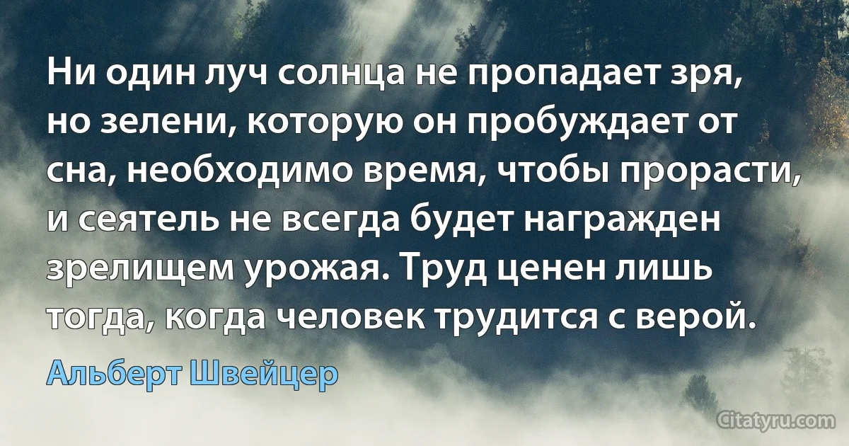 Ни один луч солнца не пропадает зря, но зелени, которую он пробуждает от сна, необходимо время, чтобы прорасти, и сеятель не всегда будет награжден зрелищем урожая. Труд ценен лишь тогда, когда человек трудится с верой. (Альберт Швейцер)