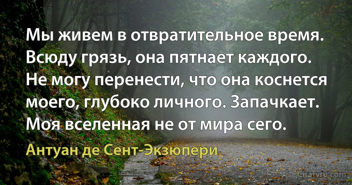 Мы живем в отвратительное время. Всюду грязь, она пятнает каждого. Не могу перенести, что она коснется моего, глубоко личного. Запачкает. Моя вселенная не от мира сего. (Антуан де Сент-Экзюпери)