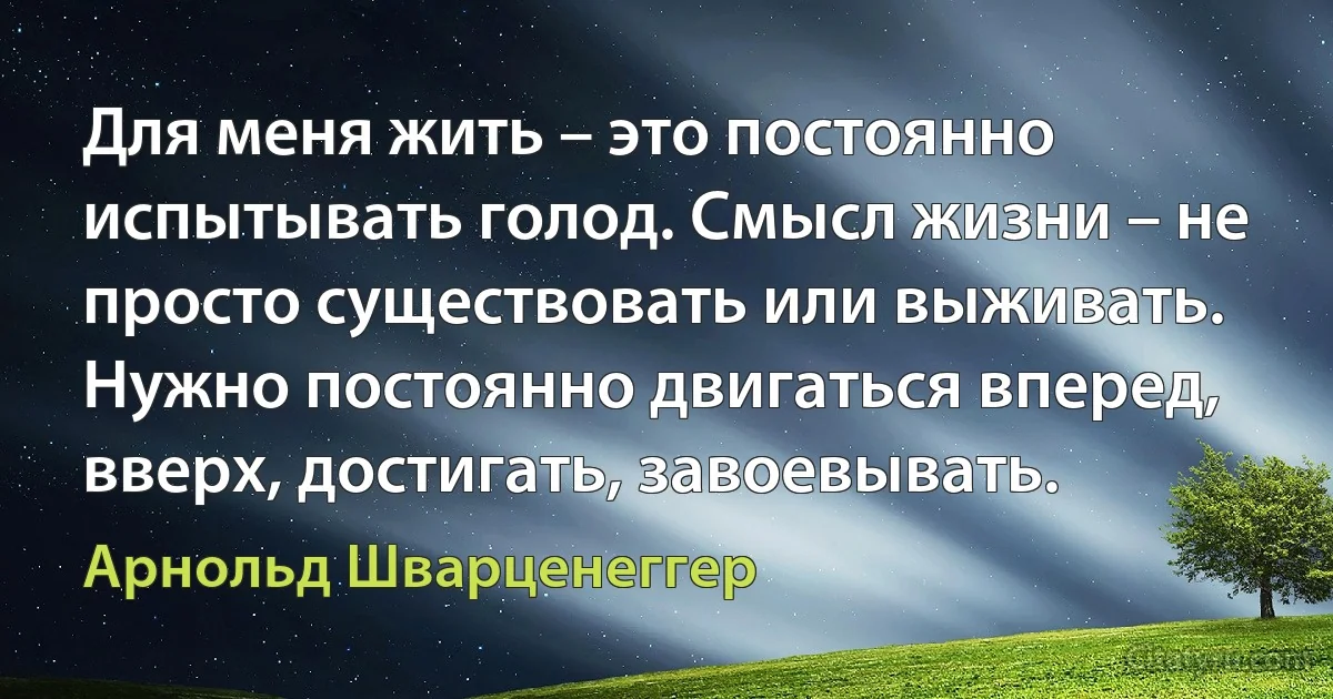 Для меня жить – это постоянно испытывать голод. Смысл жизни – не просто существовать или выживать. Нужно постоянно двигаться вперед, вверх, достигать, завоевывать. (Арнольд Шварценеггер)