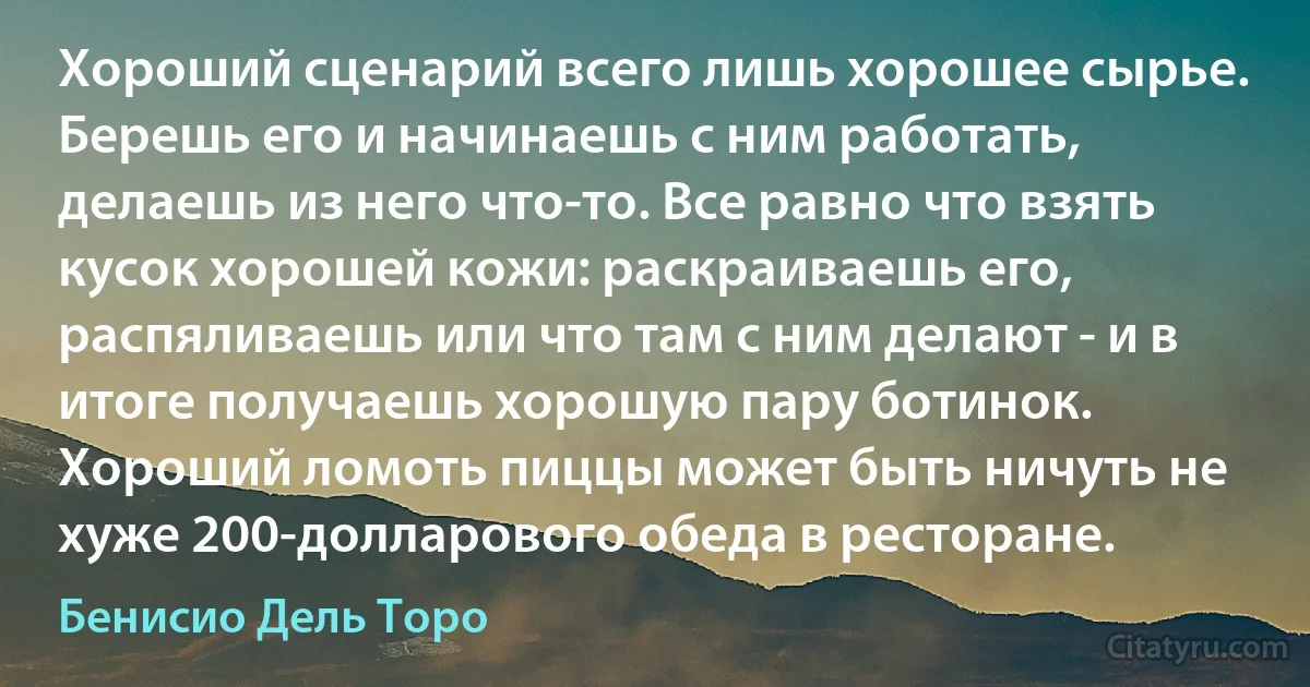 Хороший сценарий всего лишь хорошее сырье. Берешь его и начинаешь с ним работать, делаешь из него что-то. Все равно что взять кусок хорошей кожи: раскраиваешь его, распяливаешь или что там с ним делают - и в итоге получаешь хорошую пару ботинок. Хороший ломоть пиццы может быть ничуть не хуже 200-долларового обеда в ресторане. (Бенисио Дель Торо)