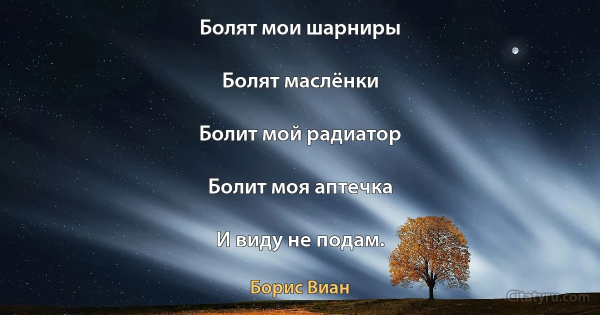 Болят мои шарниры

Болят маслёнки

Болит мой радиатор

Болит моя аптечка

И виду не подам. (Борис Виан)