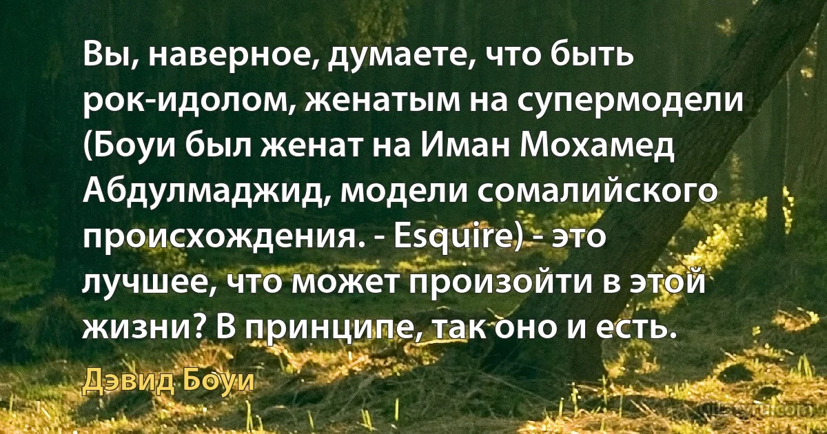 Вы, наверное, думаете, что быть рок-идолом, женатым на супермодели (Боуи был женат на Иман Мохамед Абдулмаджид, модели сомалийского происхождения. - Esquire) - это лучшее, что может произойти в этой жизни? В принципе, так оно и есть. (Дэвид Боуи)