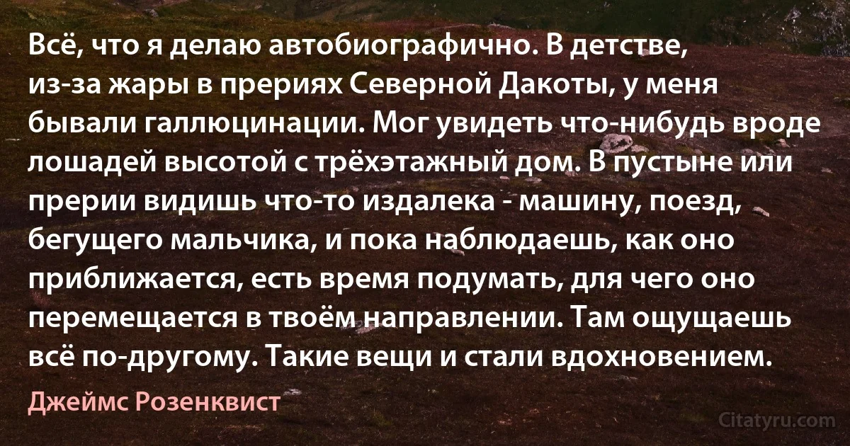 Всё, что я делаю автобиографично. В детстве, из-за жары в прериях Северной Дакоты, у меня бывали галлюцинации. Мог увидеть что-нибудь вроде лошадей высотой с трёхэтажный дом. В пустыне или прерии видишь что-то издалека - машину, поезд, бегущего мальчика, и пока наблюдаешь, как оно приближается, есть время подумать, для чего оно перемещается в твоём направлении. Там ощущаешь всё по-другому. Такие вещи и стали вдохновением. (Джеймс Розенквист)