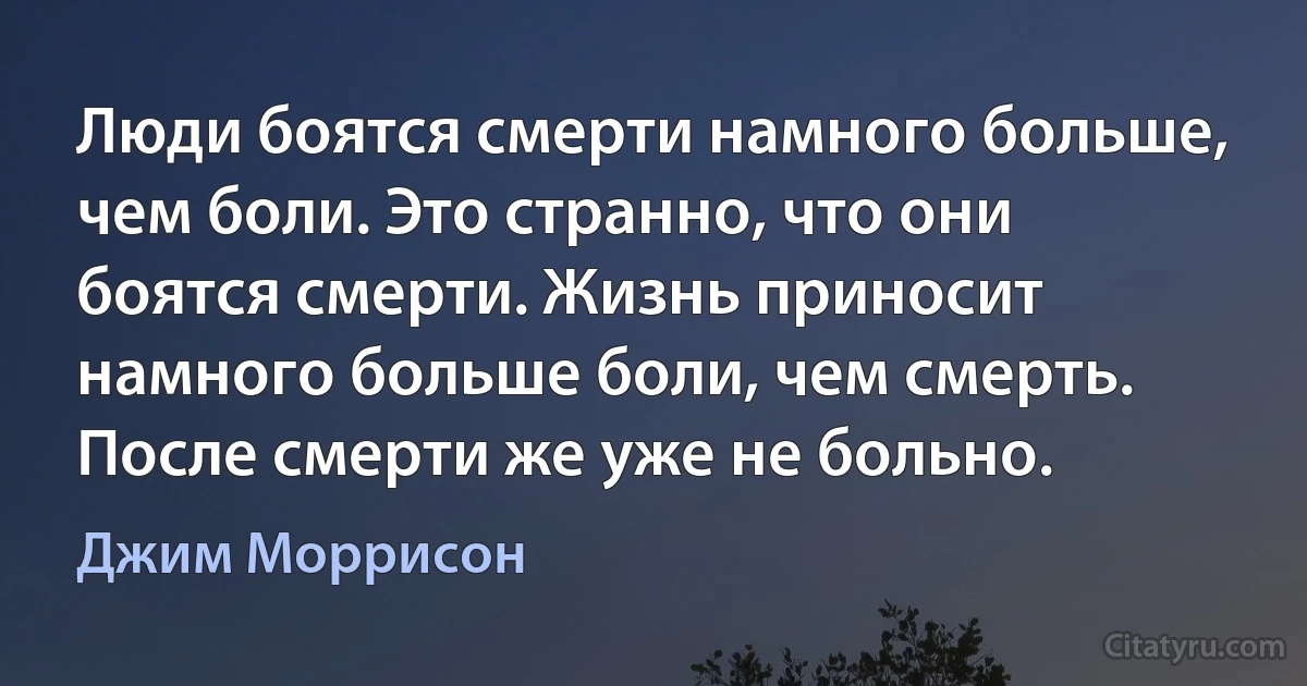 Люди боятся смерти намного больше, чем боли. Это странно, что они боятся смерти. Жизнь приносит намного больше боли, чем смерть. После смерти же уже не больно. (Джим Моррисон)