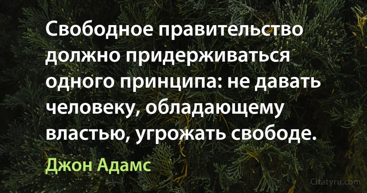 Свободное правительство должно придерживаться одного принципа: не давать человеку, обладающему властью, угрожать свободе. (Джон Адамс)