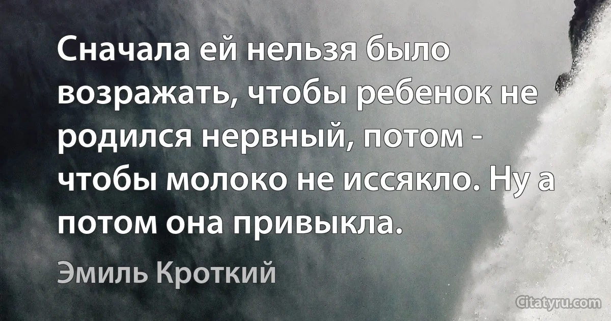 Сначала ей нельзя было возражать, чтобы ребенок не родился нервный, потом - чтобы молоко не иссякло. Ну а потом она привыкла. (Эмиль Кроткий)