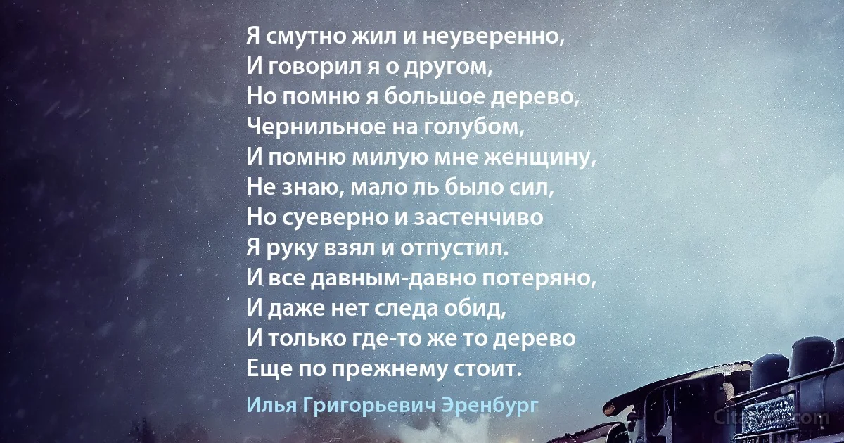 Я смутно жил и неуверенно,
И говорил я о другом,
Но помню я большое дерево,
Чернильное на голубом,
И помню милую мне женщину,
Не знаю, мало ль было сил,
Но суеверно и застенчиво
Я руку взял и отпустил.
И все давным-давно потеряно,
И даже нет следа обид,
И только где-то же то дерево
Еще по прежнему стоит. (Илья Григорьевич Эренбург)