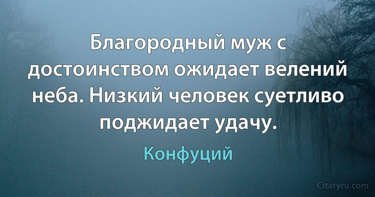 Благородный муж с достоинством ожидает велений неба. Низкий человек суетливо поджидает удачу. (Конфуций)