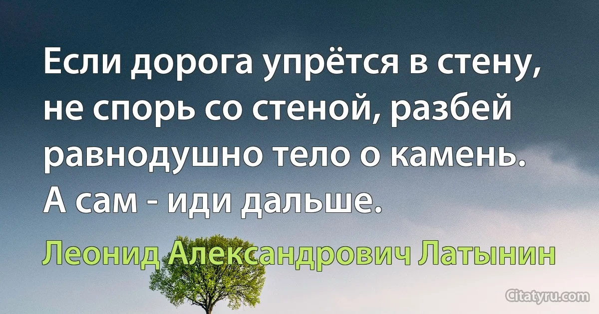 Если дорога упрётся в стену, не спорь со стеной, разбей равнодушно тело о камень.
А сам - иди дальше. (Леонид Александрович Латынин)