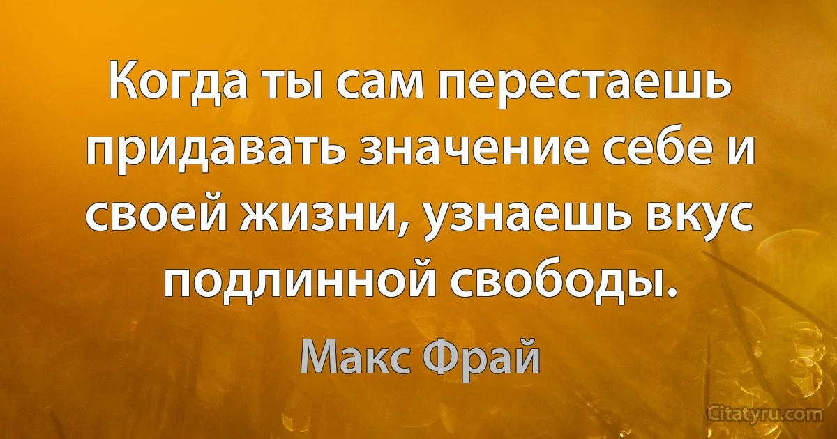 Когда ты сам перестаешь придавать значение себе и своей жизни, узнаешь вкус подлинной свободы. (Макс Фрай)