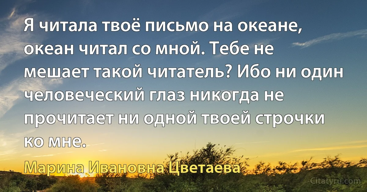 Я читала твоё письмо на океане, океан читал со мной. Тебе не мешает такой читатель? Ибо ни один человеческий глаз никогда не прочитает ни одной твоей строчки ко мне. (Марина Ивановна Цветаева)