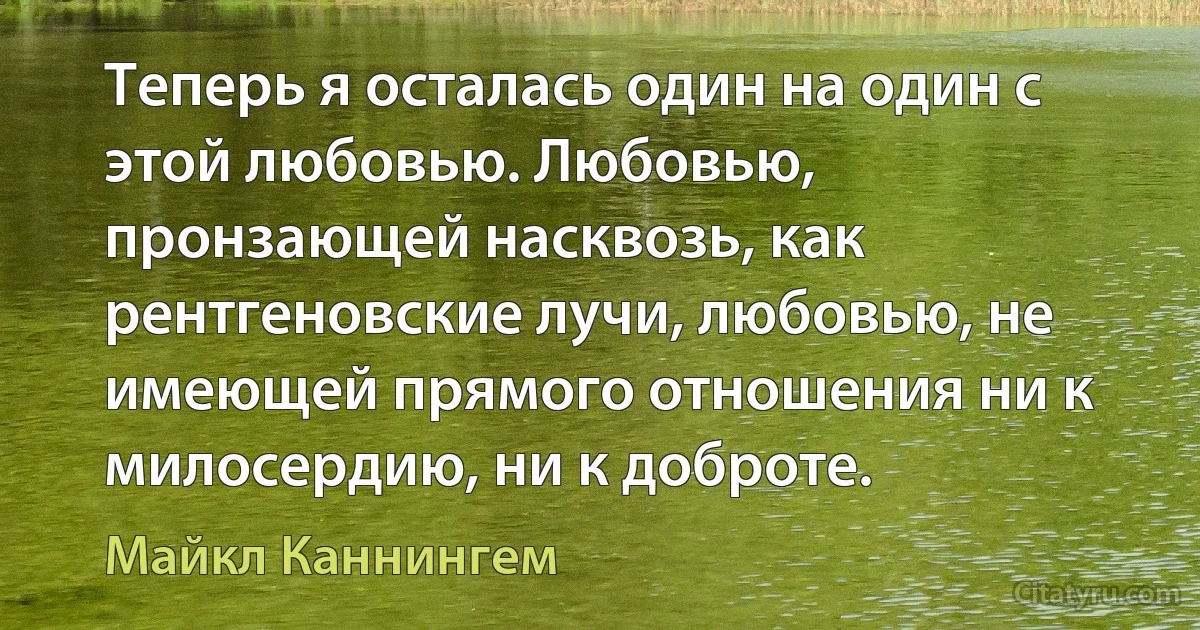 Теперь я осталась один на один с этой любовью. Любовью, пронзающей насквозь, как рентгеновские лучи, любовью, не имеющей прямого отношения ни к милосердию, ни к доброте. (Майкл Каннингем)