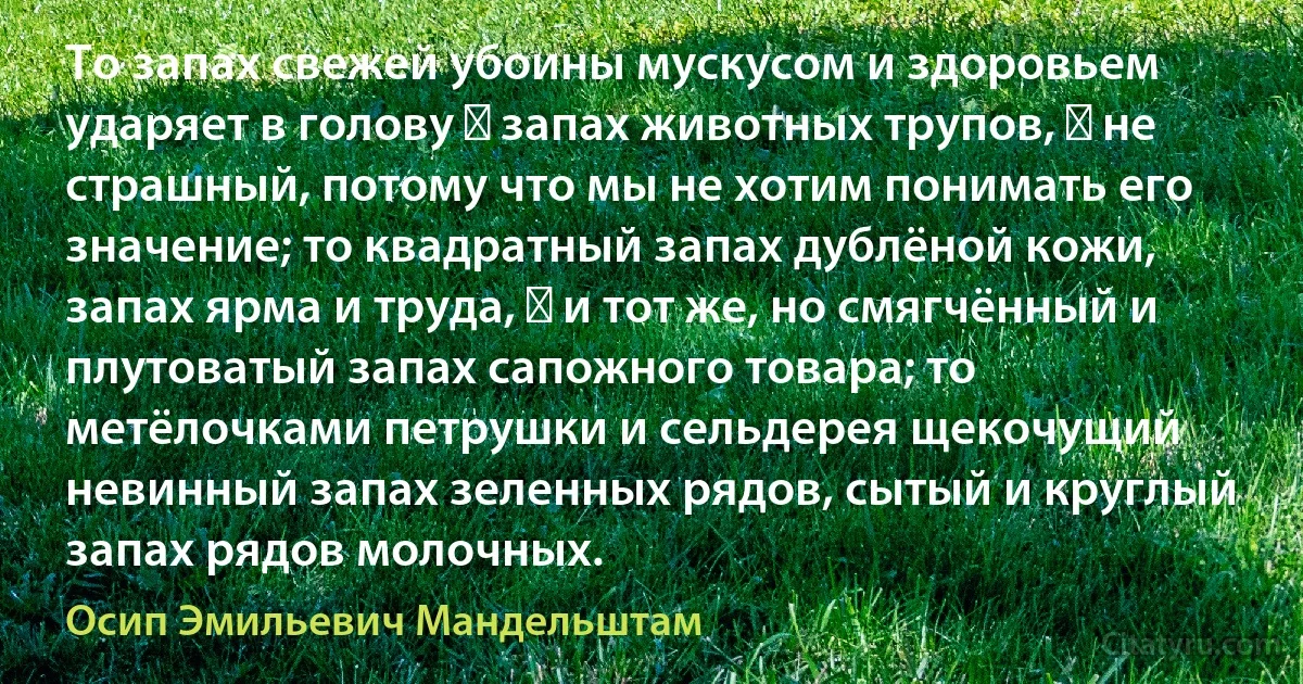 То запах свежей убоины мускусом и здоровьем ударяет в голову ― запах животных трупов, ― не страшный, потому что мы не хотим понимать его значение; то квадратный запах дублёной кожи, запах ярма и труда, ― и тот же, но смягчённый и плутоватый запах сапожного товара; то метёлочками петрушки и сельдерея щекочущий невинный запах зеленных рядов, сытый и круглый запах рядов молочных. (Осип Эмильевич Мандельштам)