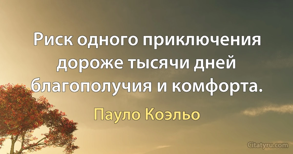 Риск одного приключения дороже тысячи дней благополучия и комфорта. (Пауло Коэльо)