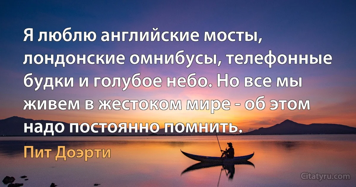 Я люблю английские мосты, лондонские омнибусы, телефонные будки и голубое небо. Но все мы живем в жестоком мире - об этом надо постоянно помнить. (Пит Доэрти)