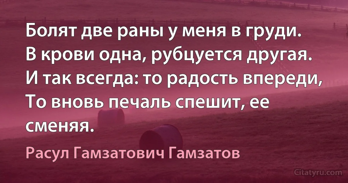 Болят две раны у меня в груди.
В крови одна, рубцуется другая.
И так всегда: то радость впереди,
То вновь печаль спешит, ее сменяя. (Расул Гамзатович Гамзатов)