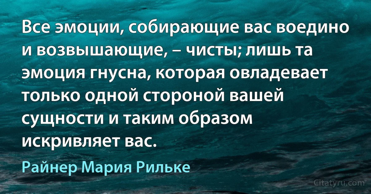 Все эмоции, собирающие вас воедино и возвышающие, – чисты; лишь та эмоция гнусна, которая овладевает только одной стороной вашей сущности и таким образом искривляет вас. (Райнер Мария Рильке)