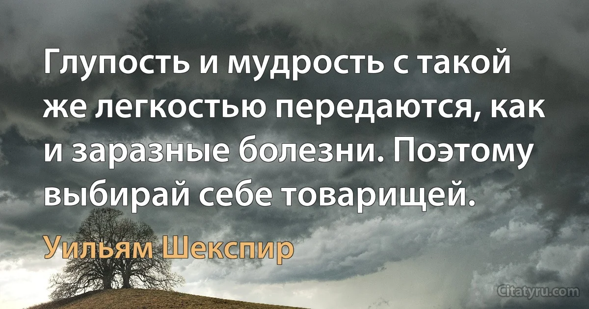 Глупость и мудрость с такой же легкостью передаются, как и заразные болезни. Поэтому выбирай себе товарищей. (Уильям Шекспир)