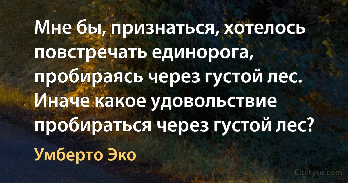 Мне бы, признаться, хотелось повстречать единорога, пробираясь через густой лес. Иначе какое удовольствие пробираться через густой лес? (Умберто Эко)