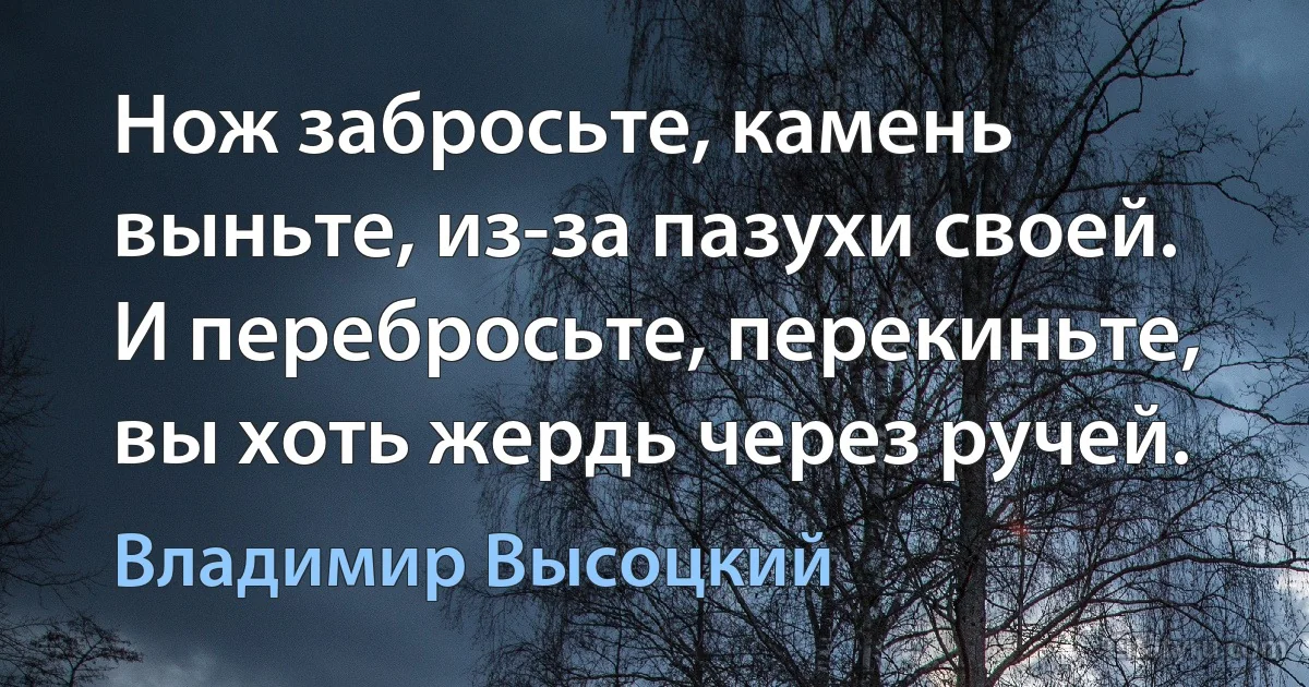 Нож забросьте, камень выньте, из-за пазухи своей. И перебросьте, перекиньте, вы хоть жердь через ручей. (Владимир Высоцкий)