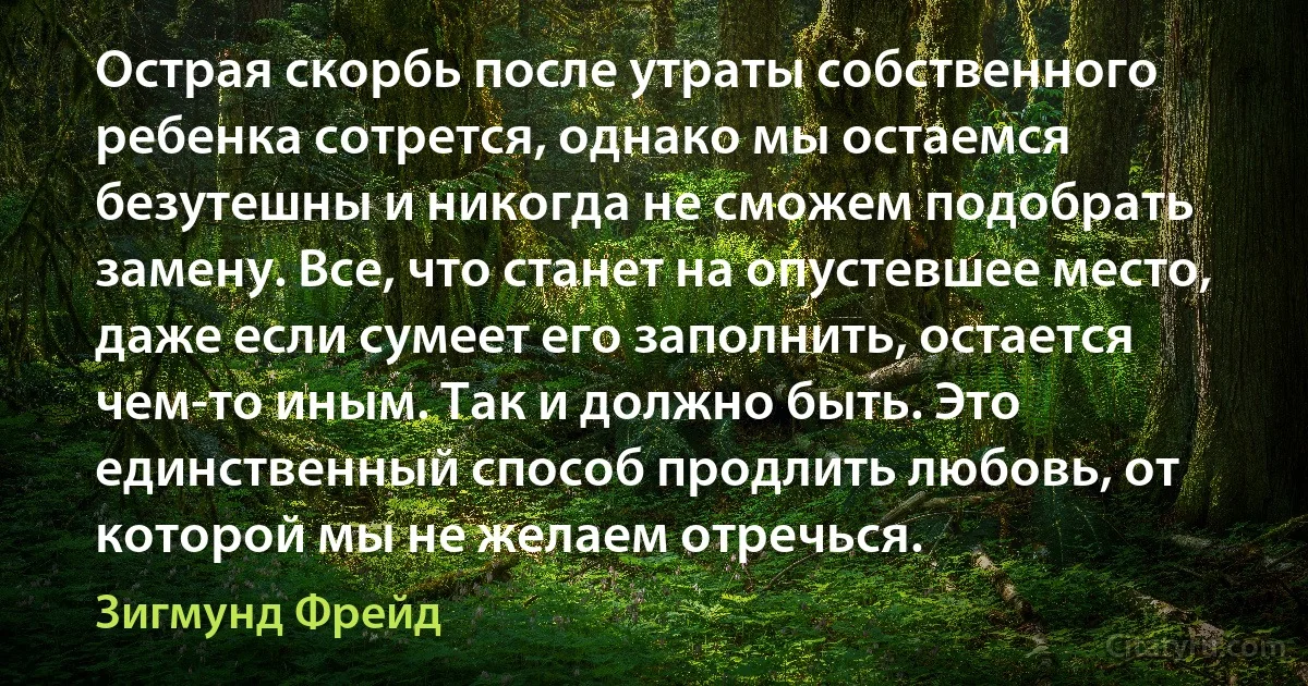 Острая скорбь после утраты собственного ребенка сотрется, однако мы остаемся безутешны и никогда не сможем подобрать замену. Все, что станет на опустевшее место, даже если сумеет его заполнить, остается чем-то иным. Так и должно быть. Это единственный способ продлить любовь, от которой мы не желаем отречься. (Зигмунд Фрейд)