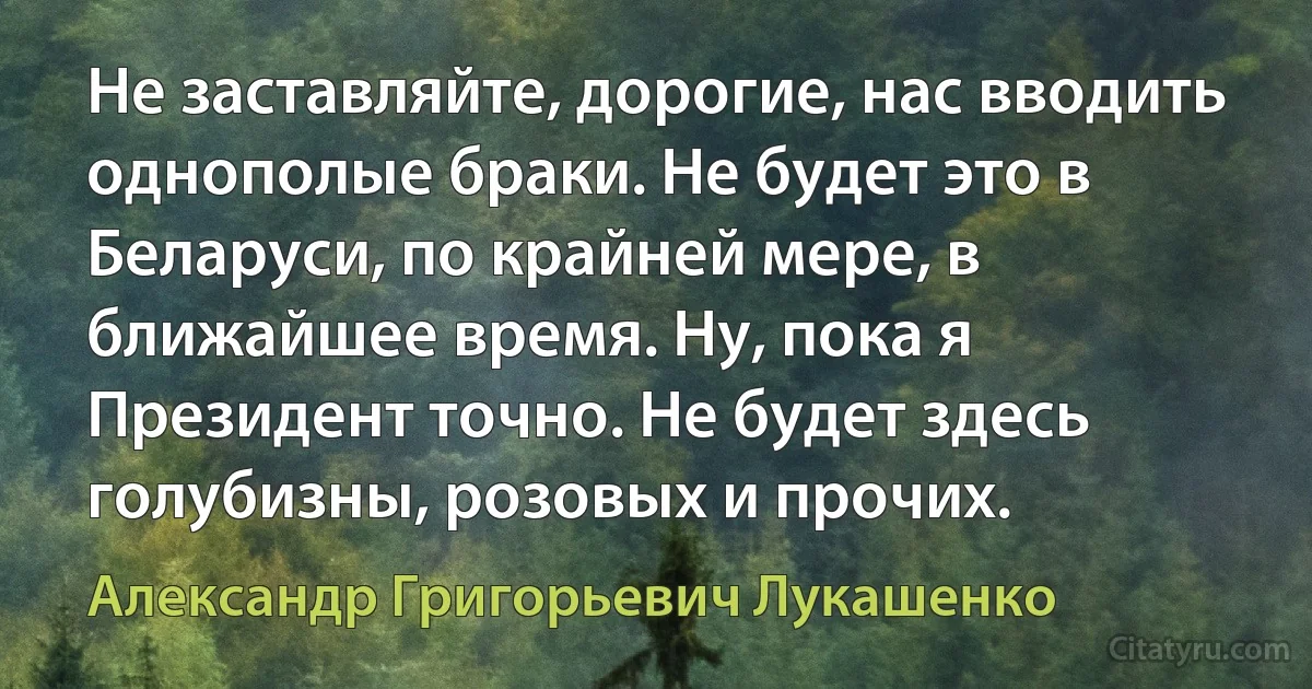 Не заставляйте, дорогие, нас вводить однополые браки. Не будет это в Беларуси, по крайней мере, в ближайшее время. Ну, пока я Президент точно. Не будет здесь голубизны, розовых и прочих. (Александр Григорьевич Лукашенко)