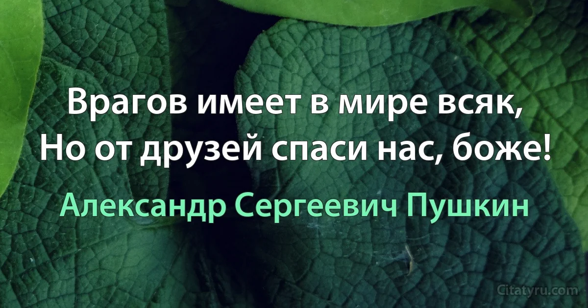 Врагов имеет в мире всяк,
Но от друзей спаси нас, боже! (Александр Сергеевич Пушкин)