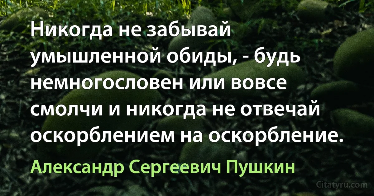 Никогда не забывай умышленной обиды, - будь немногословен или вовсе смолчи и никогда не отвечай оскорблением на оскорбление. (Александр Сергеевич Пушкин)