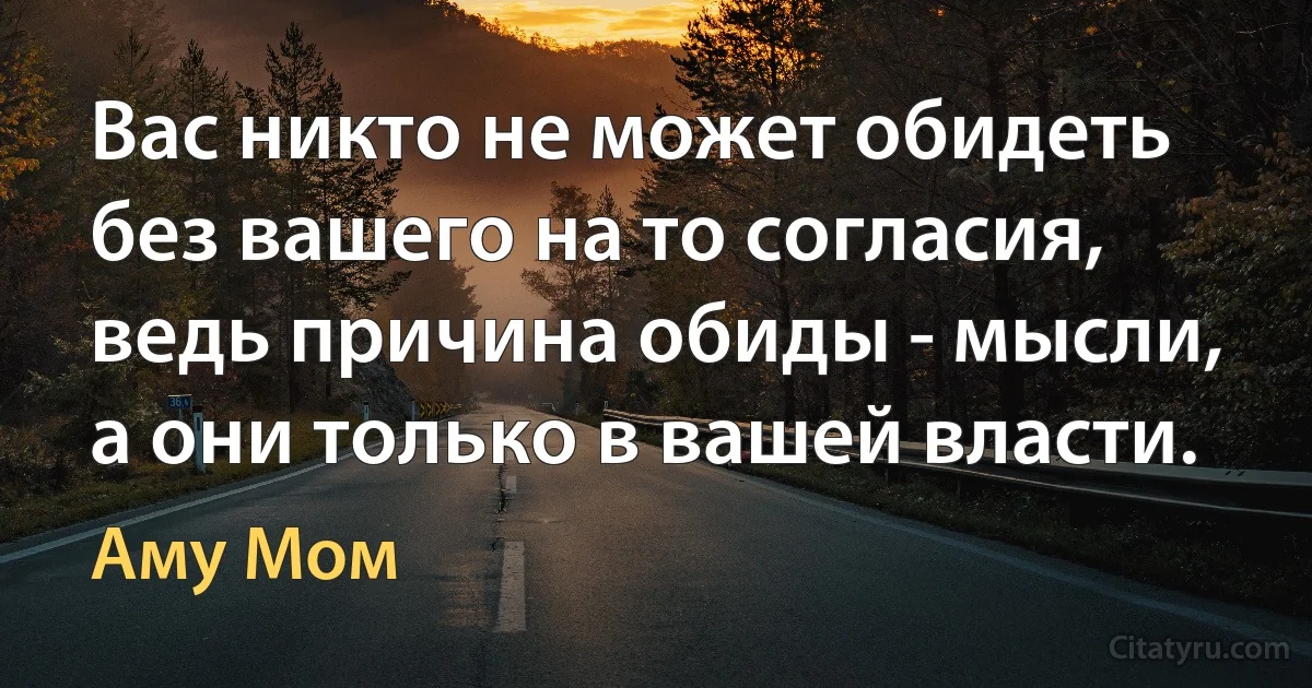 Вас никто не может обидеть без вашего на то согласия, ведь причина обиды - мысли, а они только в вашей власти. (Аму Мом)