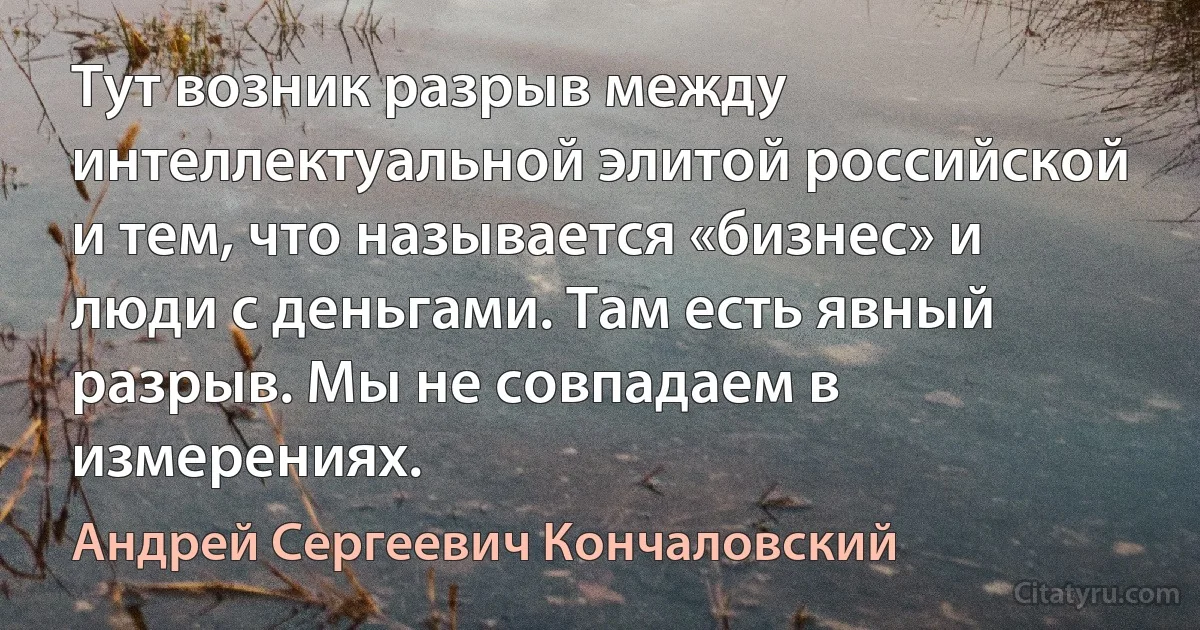 Тут возник разрыв между интеллектуальной элитой российской и тем, что называется «бизнес» и люди с деньгами. Там есть явный разрыв. Мы не совпадаем в измерениях. (Андрей Сергеевич Кончаловский)