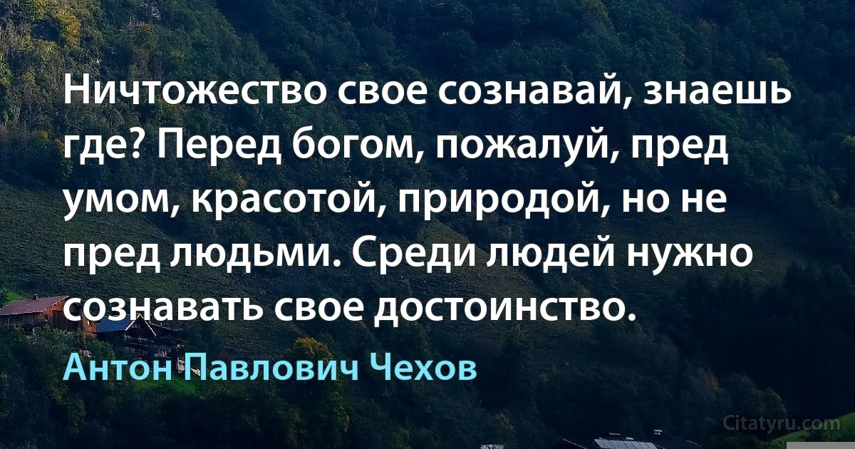 Ничтожество свое сознавай, знаешь где? Перед богом, пожалуй, пред умом, красотой, природой, но не пред людьми. Среди людей нужно сознавать свое достоинство. (Антон Павлович Чехов)