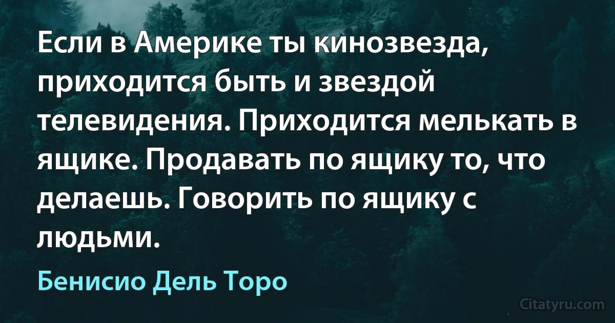 Если в Америке ты кинозвезда, приходится быть и звездой телевидения. Приходится мелькать в ящике. Продавать по ящику то, что делаешь. Говорить по ящику с людьми. (Бенисио Дель Торо)